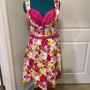 EUC Lindy Bop US XL skater dress, white and fuchsia floral print with pink belt